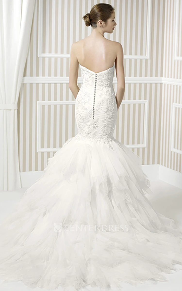 Trumpet Long Sweetheart Criss-Cross Sleeveless Tulle Wedding Dress With Cascading Ruffles And Appliques