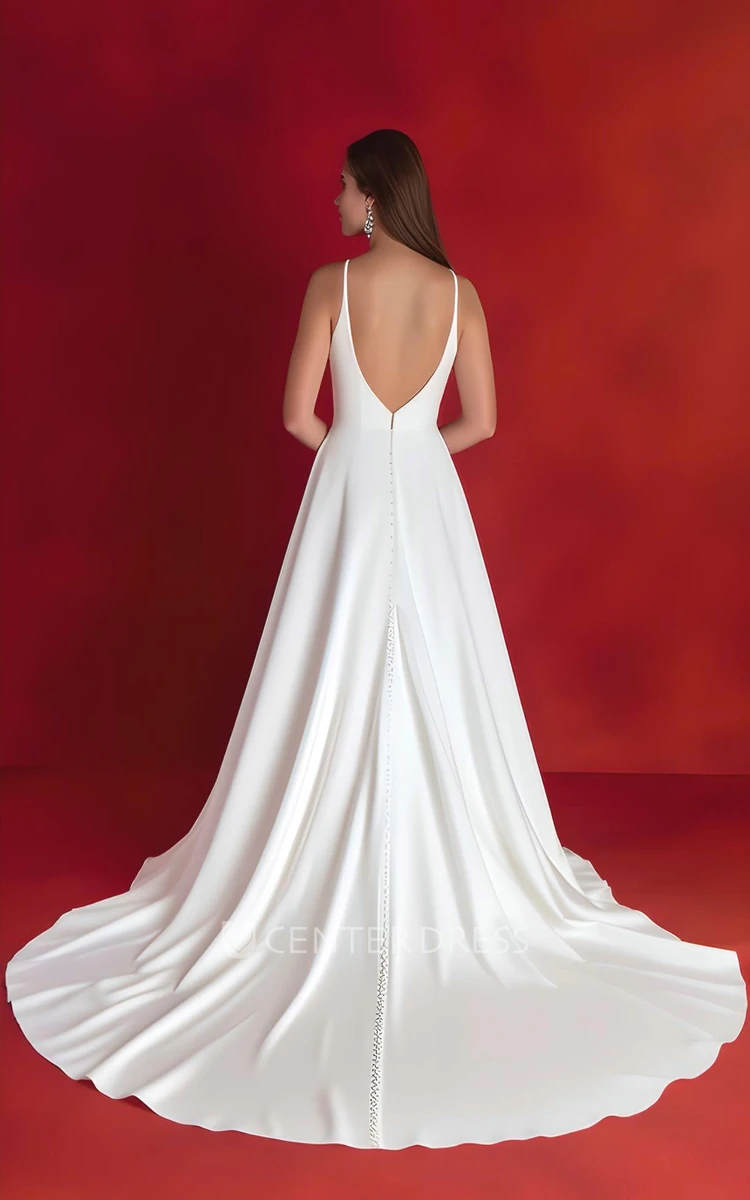 Sleeveless Satin A-Line Wedding Dress with Split Front Spaghetti V-neck Country Garden Sweep/Brush Train