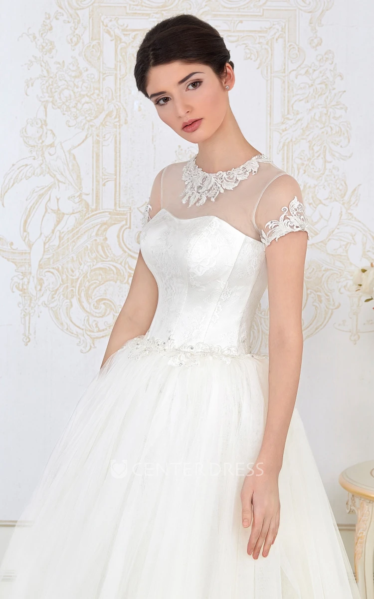 A Line Long High Neck Short Sleeve Embroidered Tulle Wedding Dress With Pleats UCenter Dress