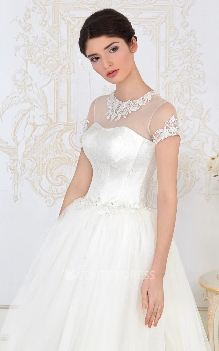 A-Line Long High-Neck Short-Sleeve Embroidered Tulle Wedding Dress With Pleats