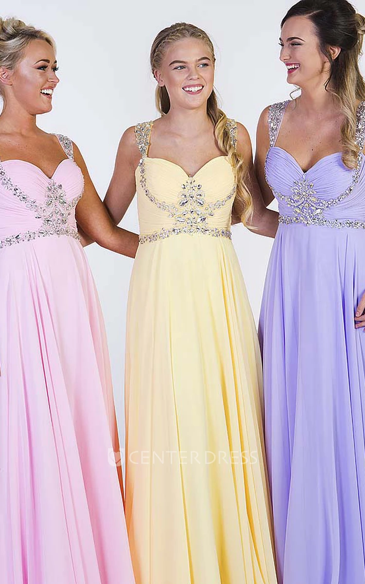 A-Line Ruched Strapped Sleeveless Floor-Length Chiffon Prom Dress With Beading