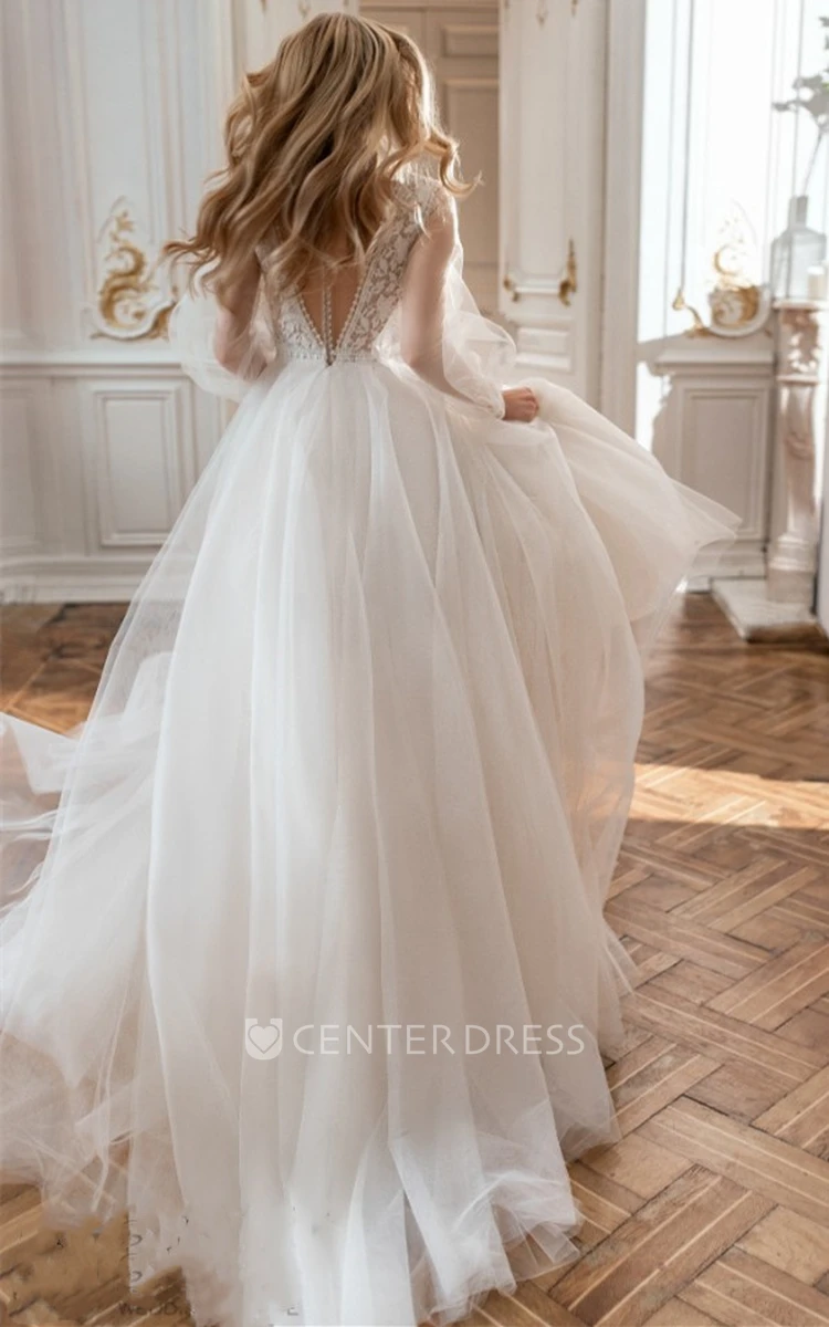Romantic A-Line Tulle V-neck Wedding Dress with Sweep Train