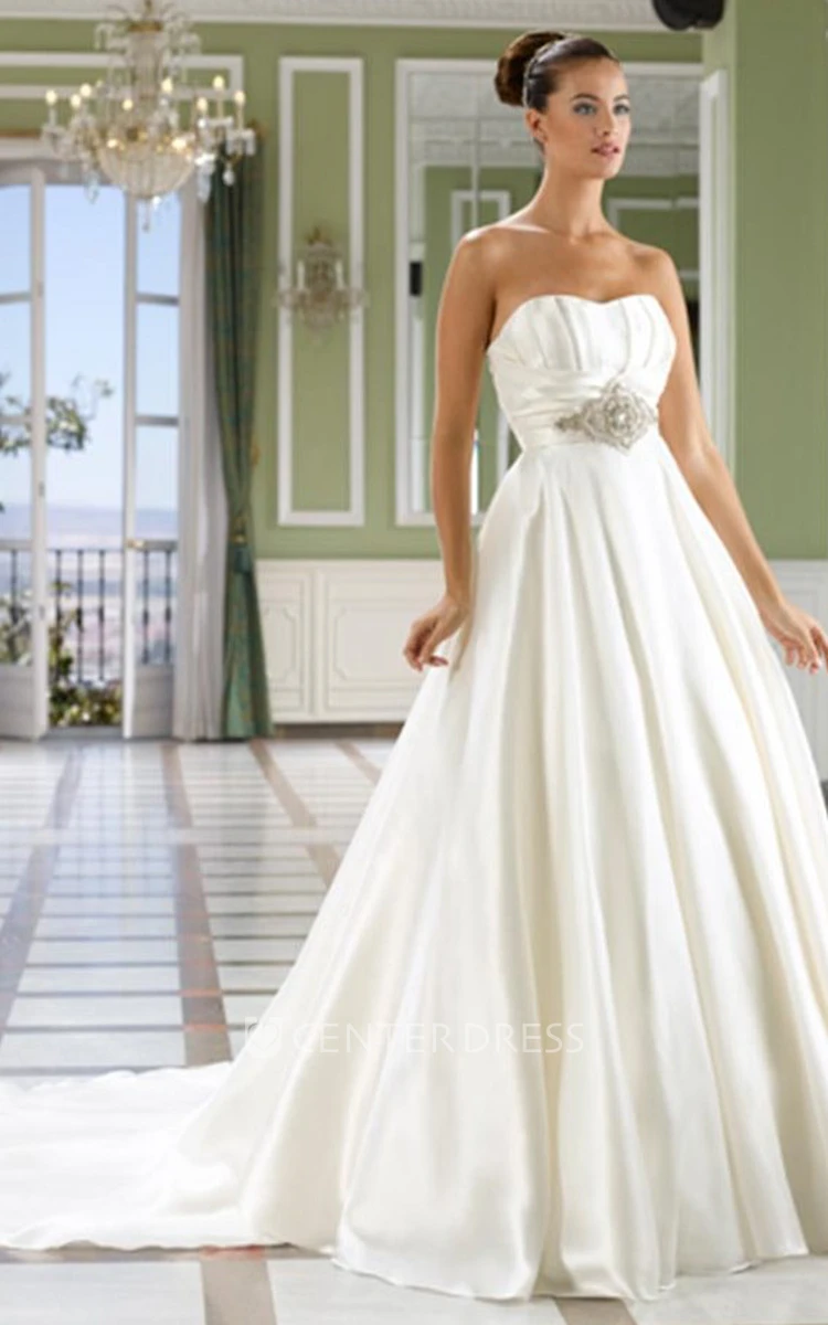 Sweetheart Floor-Length Jeweled Satin Wedding Dress With Chapel Train And V Back