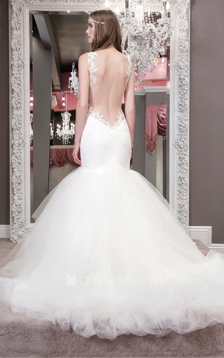 Mermaid Appliqued Spaghetti Floor-Length Sleeveless Tulle Wedding Dress With Backless Style And Ruffles