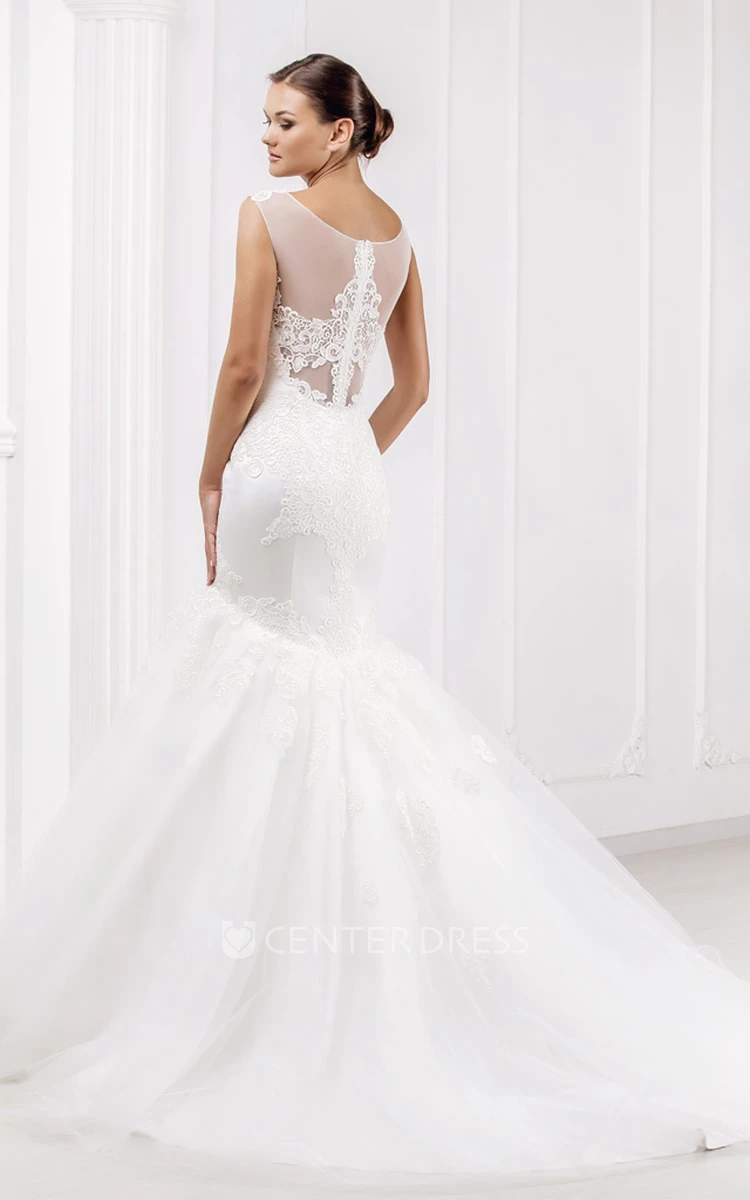 Mermaid Strapless Floor-Length Appliqued Sleeveless Tulle&Lace Wedding Dress With Illusion Back And Court Train