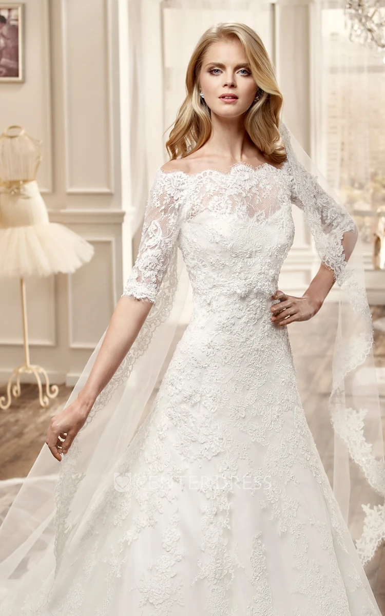 Off-Shoulder Lace Wedding Dress With Half Sleeve And Appliques