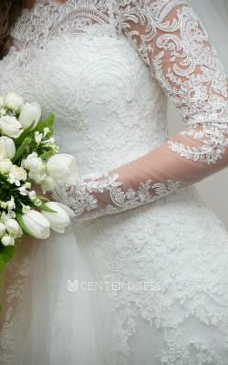 Noiva Train Ivory Long Sleeve Lace Wedding Dress Elegant Sweep Zipper Back Vestidos De Applique Wedding Dress