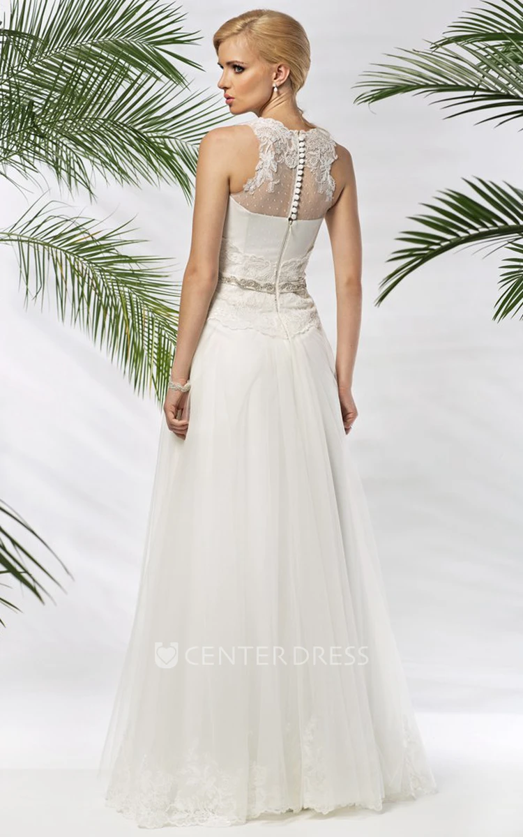 A-Line Sleeveless High-Neck Floor-Length Appliqued Tulle&Satin Wedding Dress With Waist Jewellery