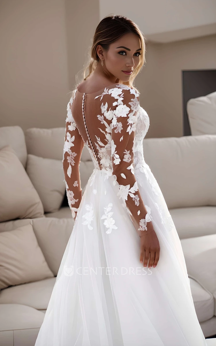 Floral Sexy A-Line Sheer Long Sleeve Spring Wedding Dress Flowy Beach Deep-V Neck Sweep Train Bridal Gown with Appliques