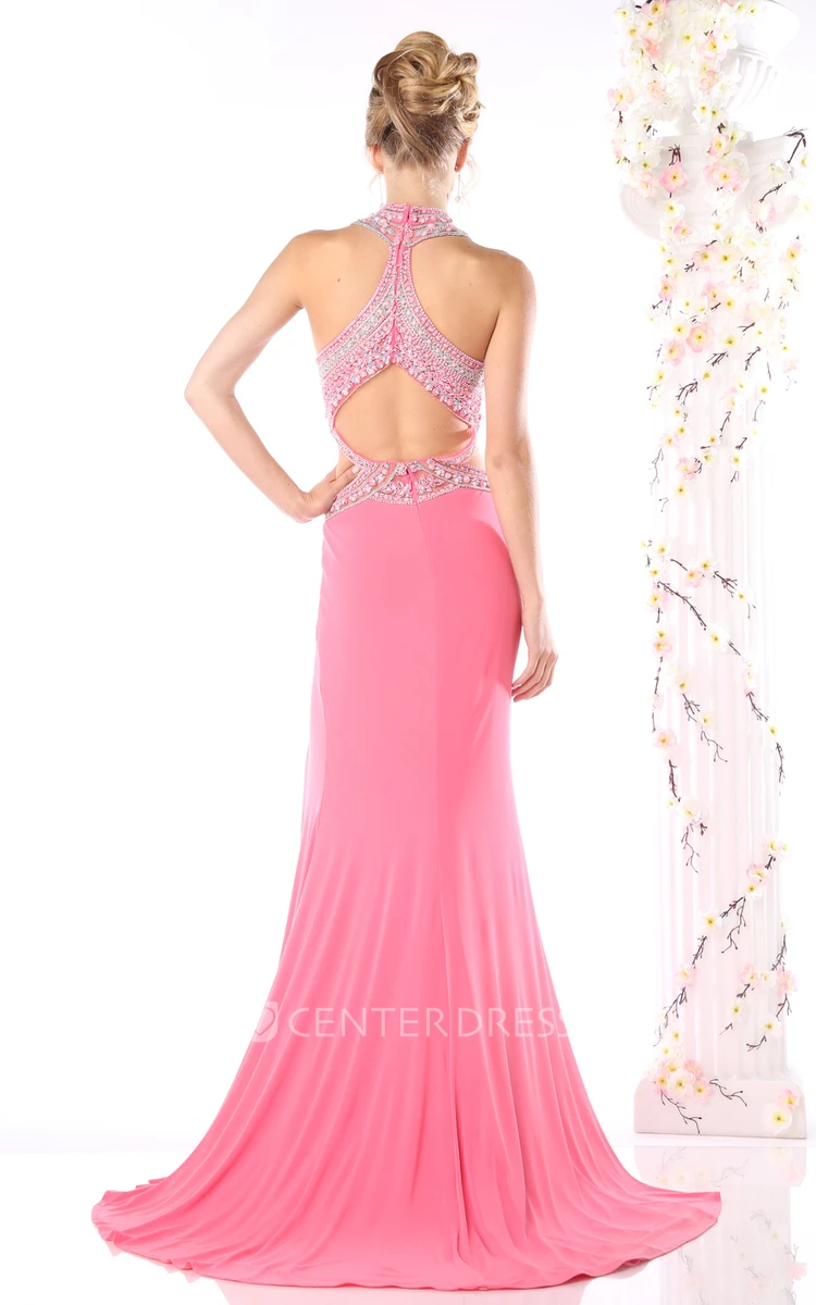 Sheath Maxi High Neck Jersey Keyhole Dress With Crystal Detailing And Split Front