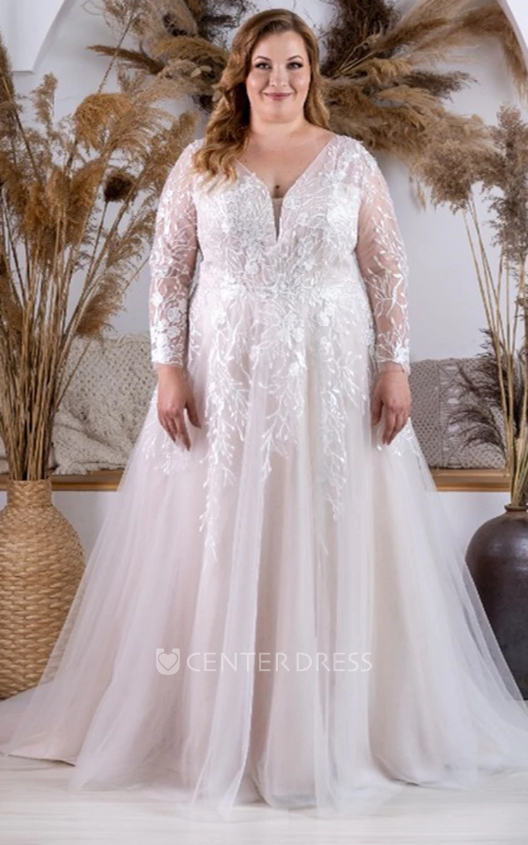 Elegant Plunging Neckline A Line Tulle Wedding Dress with Appliques