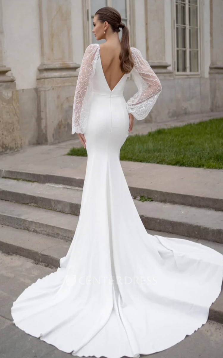 Adorable Satin Wedding Dress Mermaid V-neck with Illusion Sleeves and Open Back