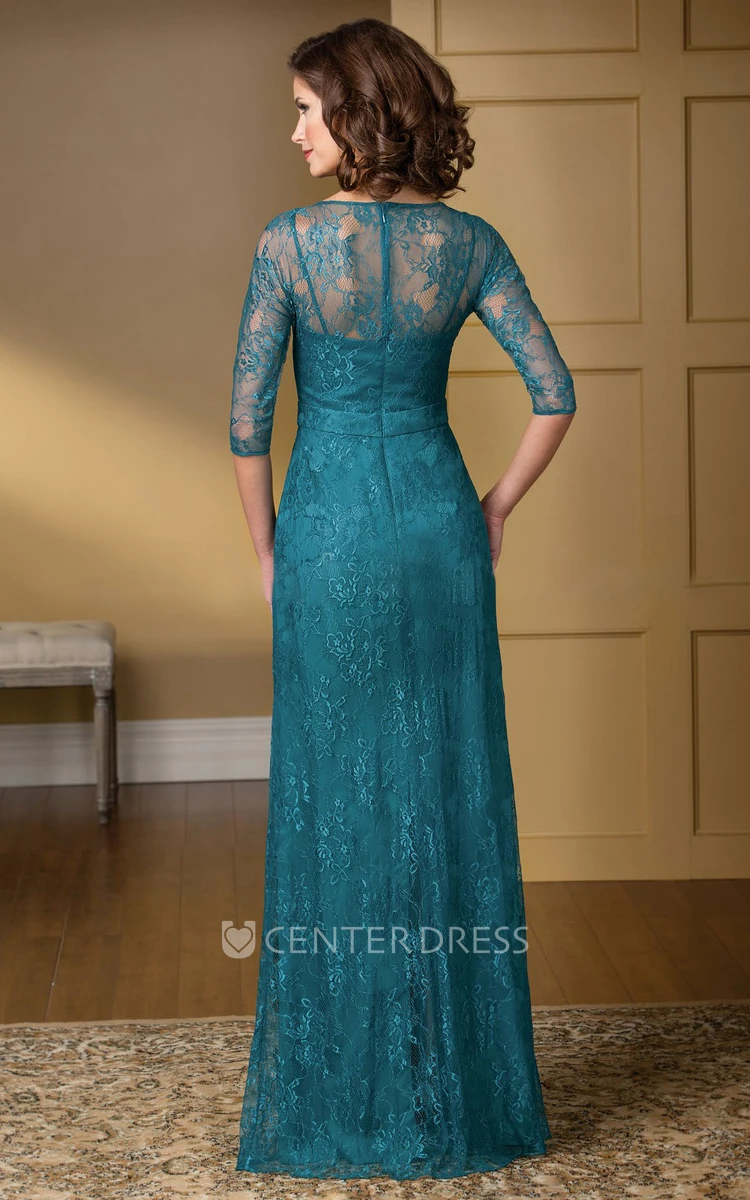 3-4 Sleeved V-Neck Lace Gown With Beadings And Illusion Back