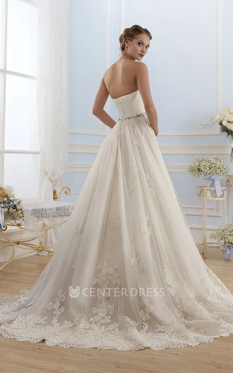 Ball Gown Floor-Length Strapless Sleeveless Corset-Back Tulle Lace Dress With Appliques And Waist Jewellery