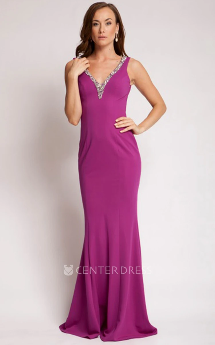 Sheath V-Neck Floor-Length Beaded Sleeveless Jersey Prom Dress