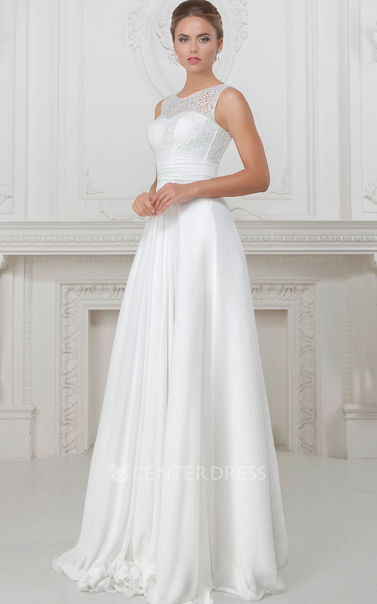 A-Line Sleeveless Long Lace Scoop-Neck Wedding Dress With Pleats