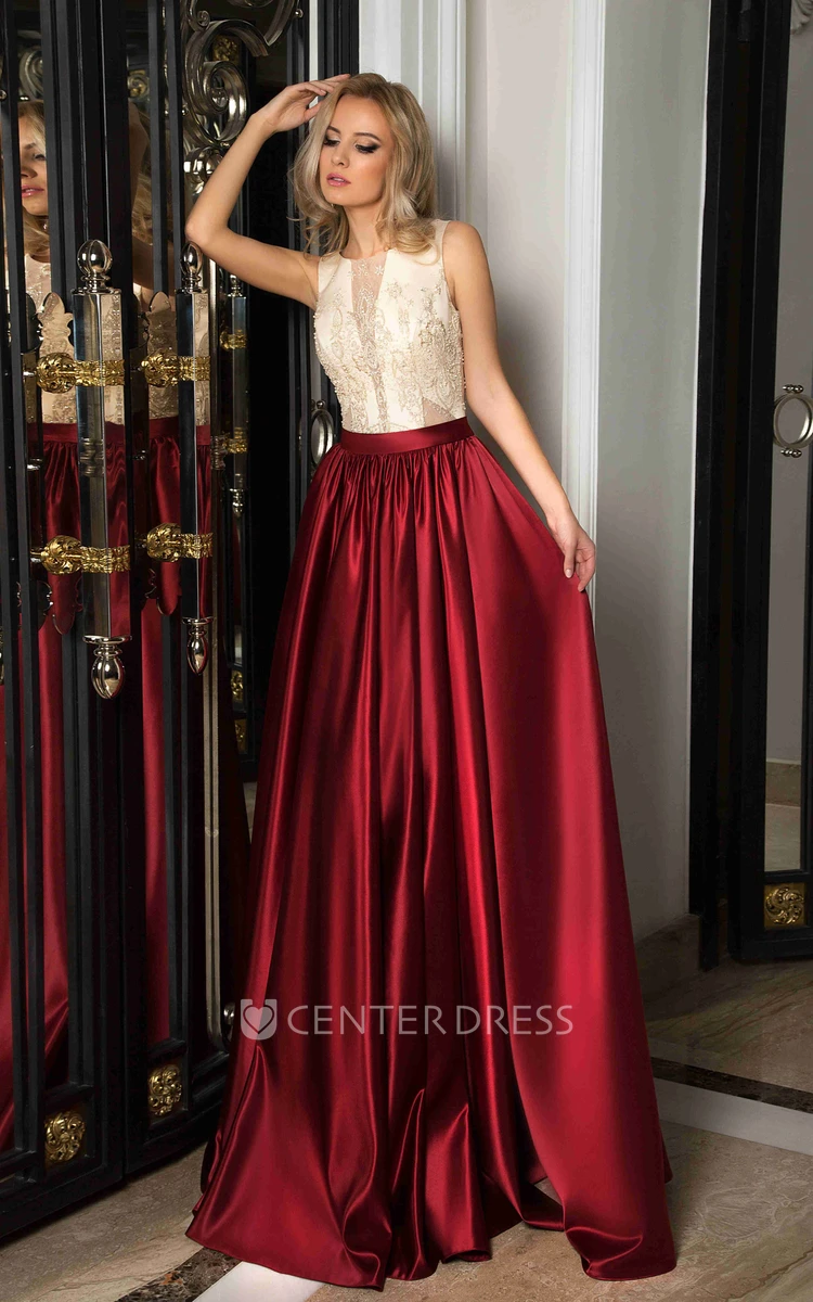 A-Line Lace Sleeveless Scoop Long Satin Prom Dress With Illusion Back And Beading
