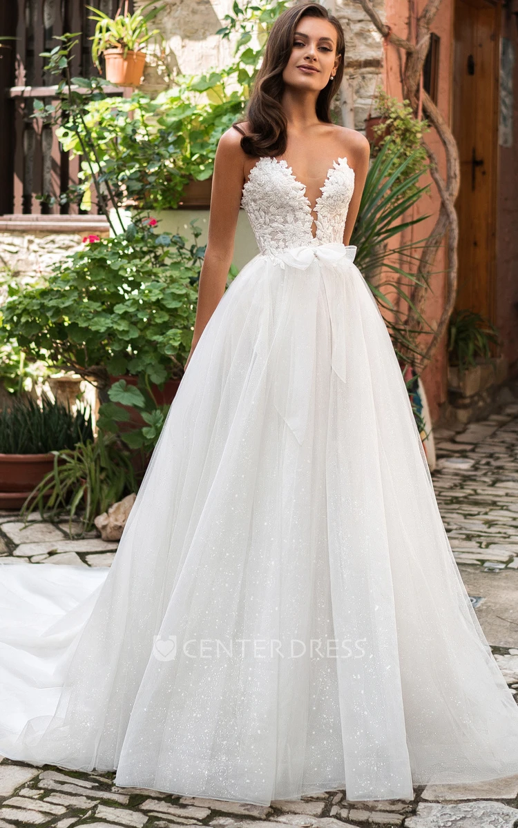 Ethereal Sweetheart A Line Ball Gown Lace Tulle Court Train Wedding Dress with Appliques and Bow