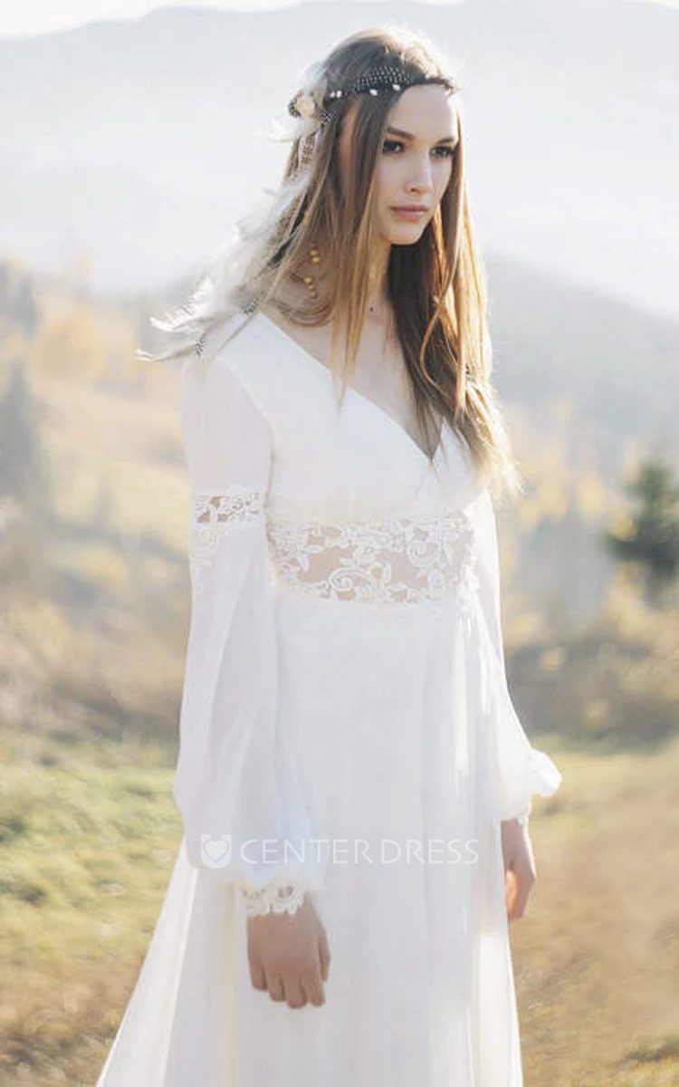 Chiffon Poet Long Sleeve And Front Split Bohemian Plunging Wedding Dress With Lace Details