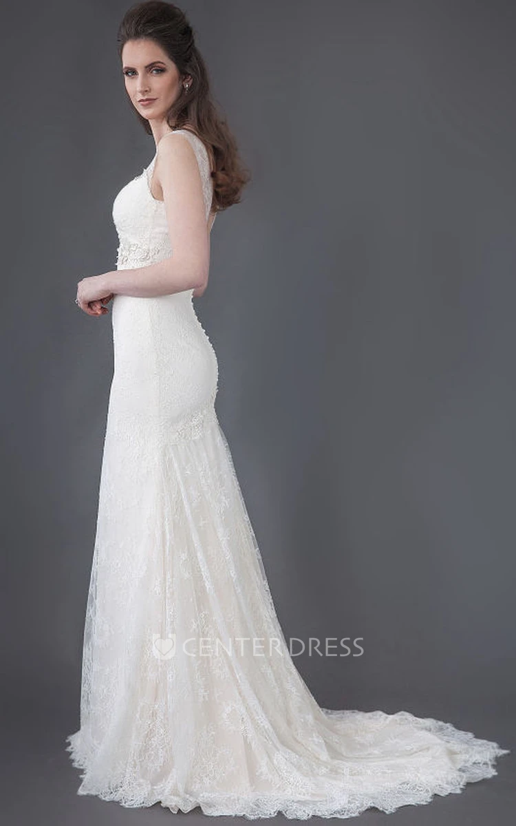Sheath Appliqued Sleeveless Maxi Lace Wedding Dress With Low-V Back And Pleats