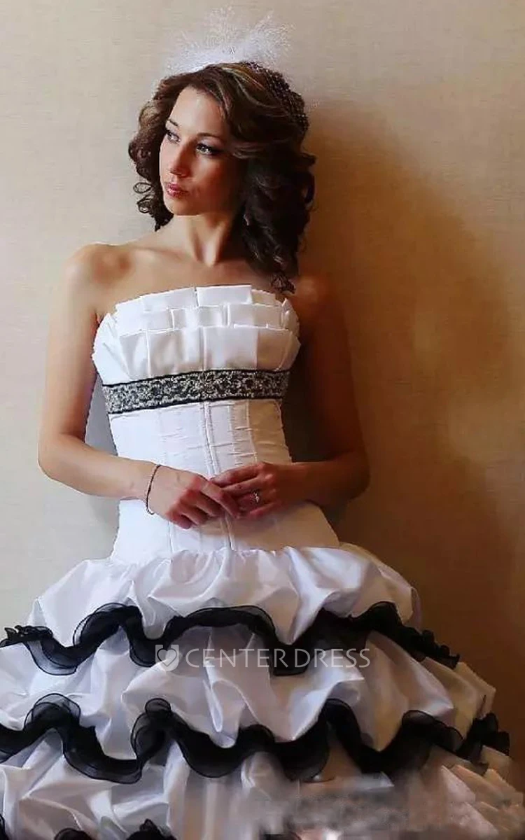 Sleeveless A-Line Strapless Taffeta High-Low Wedding Dress with Appliques Cascading Ruffles and Tiers
