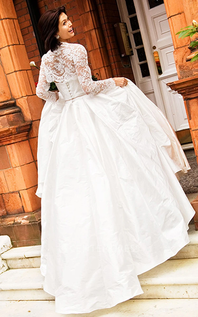 A-Line Long-Sleeve Strapless Taffeta Wedding Dress With Lace And Illusion