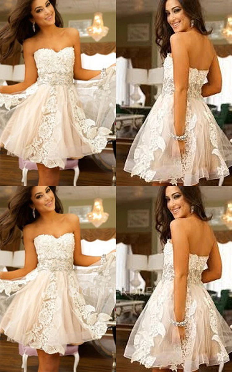 A-line Sweetheart Sleeveless Appliques Short Mini Lace Tulle Homecoming Dress
