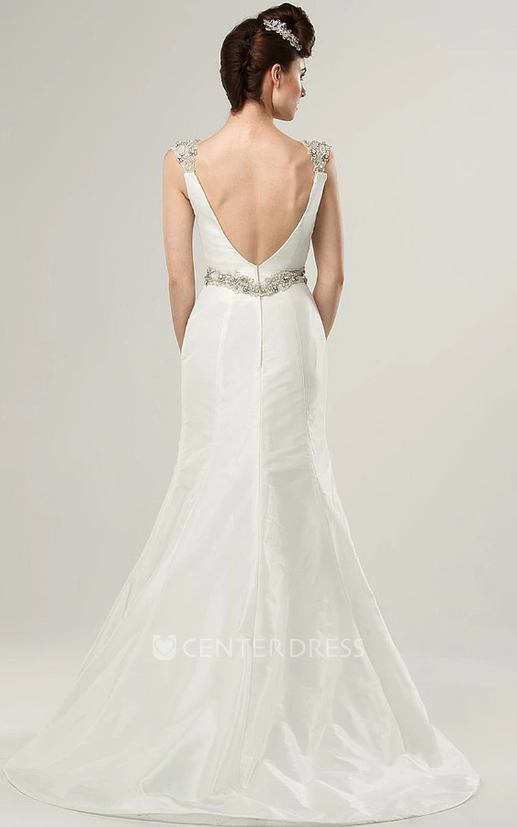 Mermaid Cap-Sleeve Beaded Floor-Length V-Neck Satin Wedding Dress With Waist Jewellery