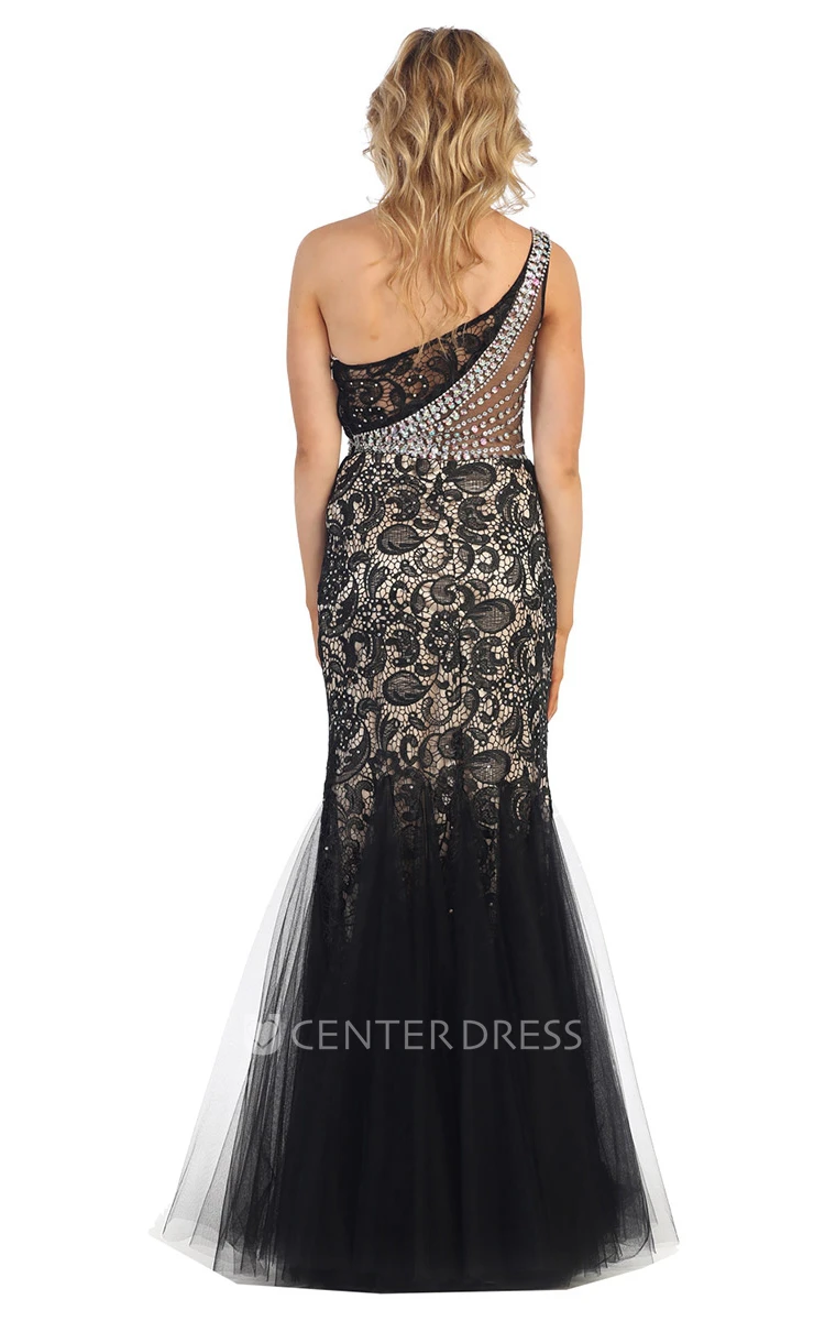 Mermaid Maxi One-Shoulder Sleeveless Tulle Dress With Lace And Beading