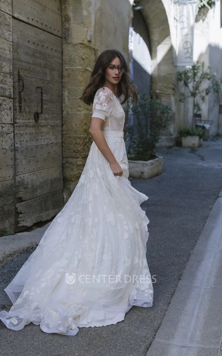 Ethereal Tulle Plunging Floor Length Bridal Gown with Court Train