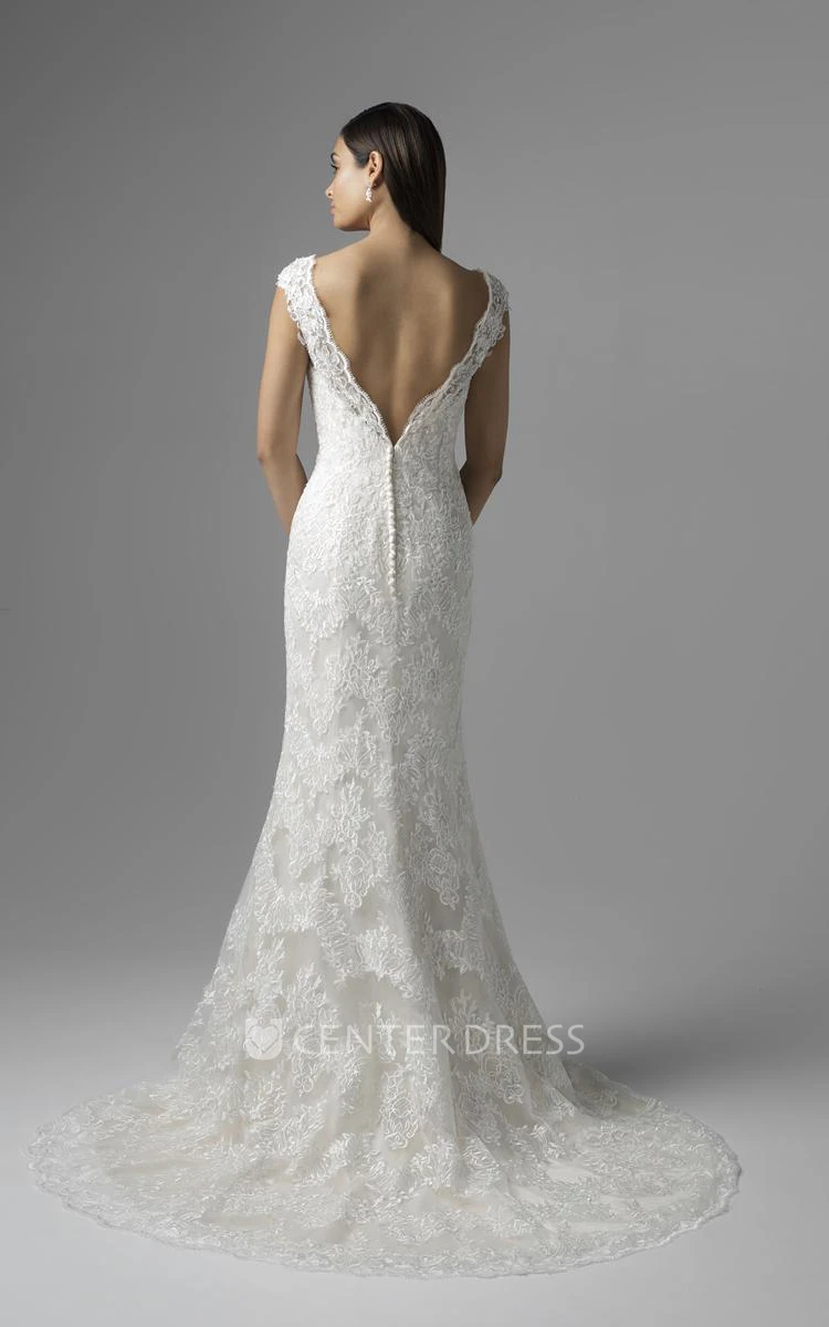 Sheath Sleeveless V-Neck Lace Wedding Dress With Deep-V Back