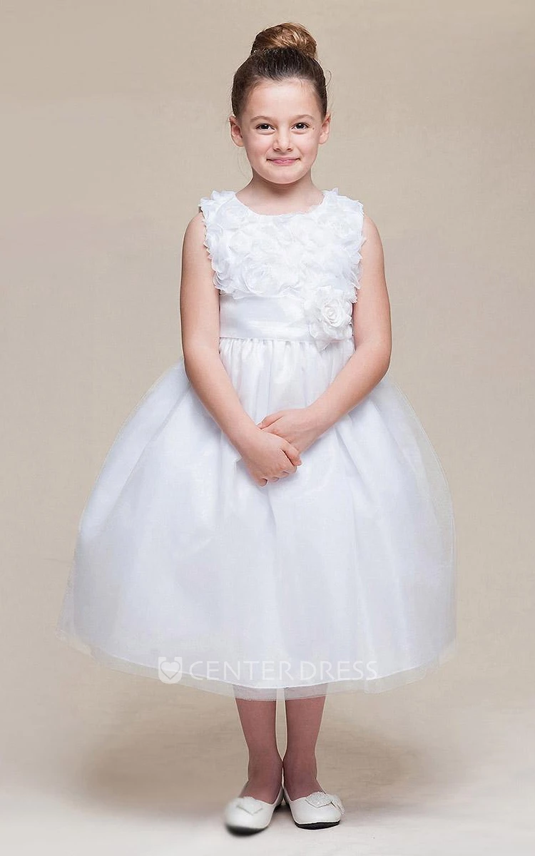 Tea-Length Floral Tiered Empire Tulle Flower Girl Dress With Embroidery
