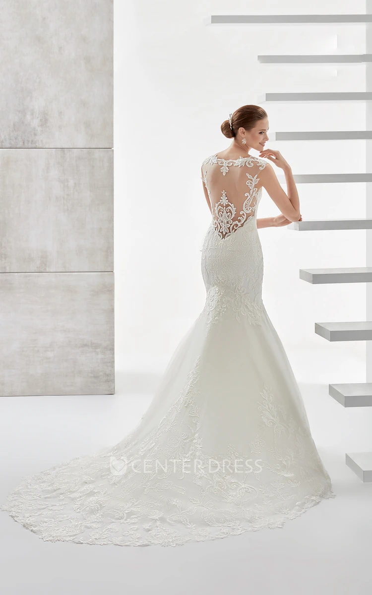 Jewel-Neck Sheath Lace Mermaid Wedding Dress With Illusive Design And Brush Train