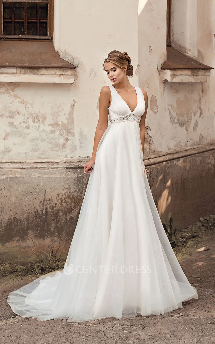 V neck Empire A line Chiffon Wedding Dress With Beading And