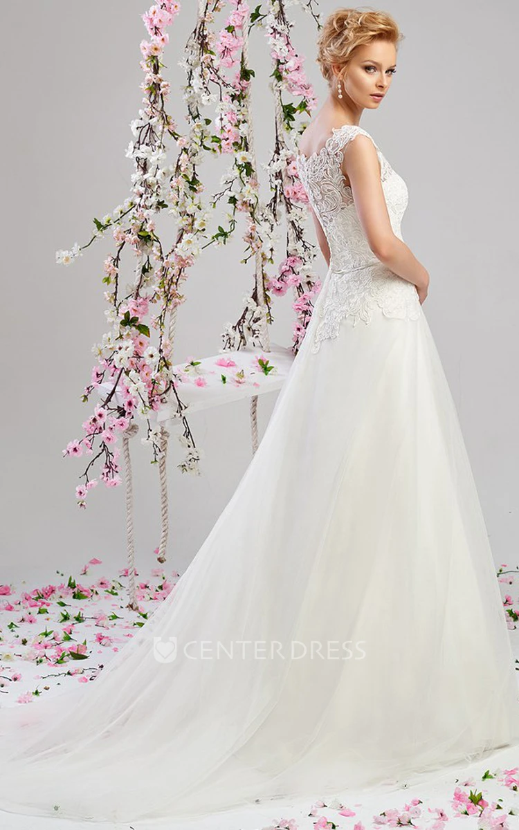 A-Line Cap-Sleeve Bateau-Neck Long Appliqued Satin&Lace Wedding Dress