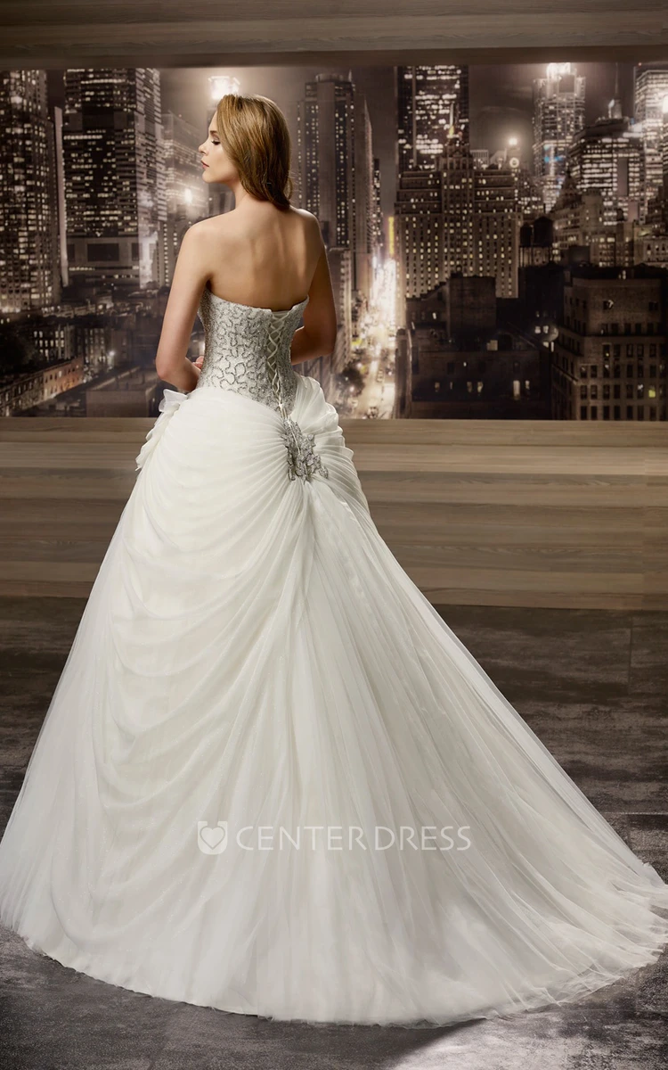 Sweetheart A-Line Ruching Gown With Beaded Bodice And Back Bow