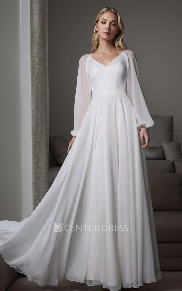 Modest Simple Long Sleeve A-Line Spring Maxi Wedding Dress Formal Minimalist Outdoor Country Garden Floor Length Bridal Gown with No Train