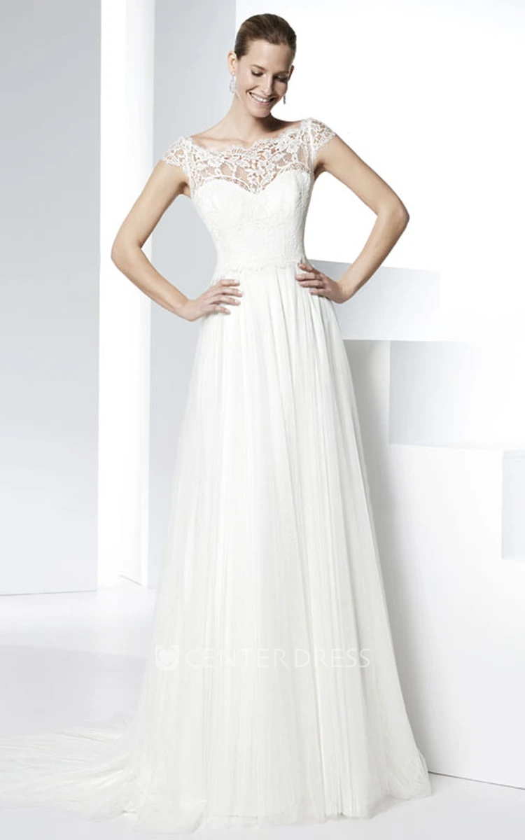 Floor-Length Scoop Appliqued Tulle Wedding Dress With Brush Train And Illusion