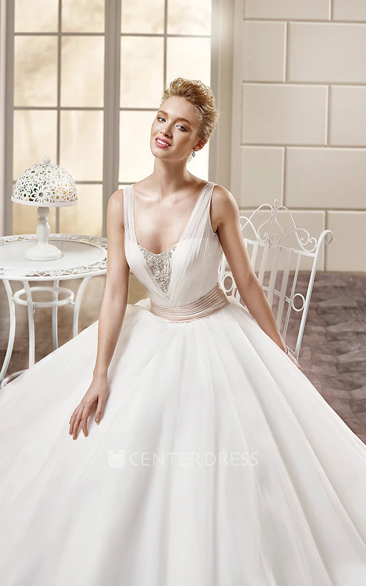 A-Line V-Neck Ruched Long Sleeveless Satin Wedding Dress With Beading