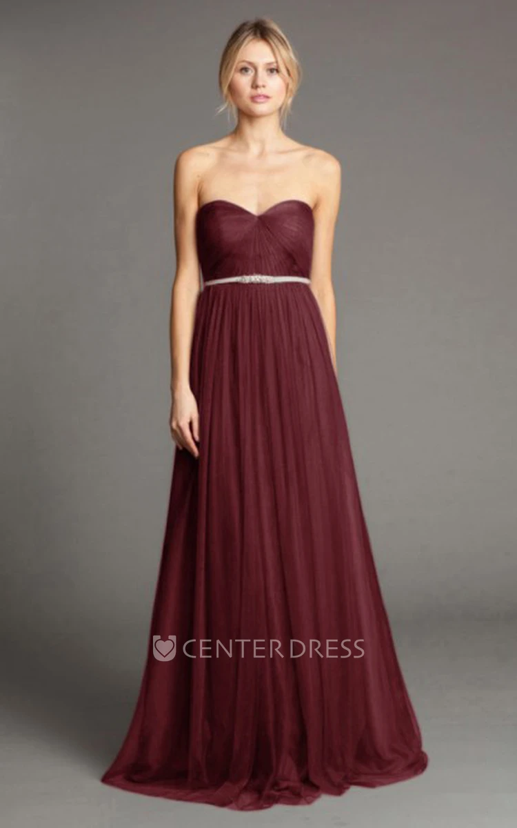 Floor-Length Sweetheart Ruched Tulle Bridesmaid Dress With Waist Jewellery