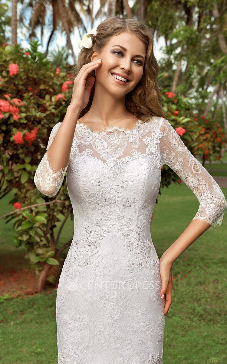 Trumpet Floor-Length Scoop-Neck T-Shirt-Sleeve Corset-Back Lace Dress With Appliques