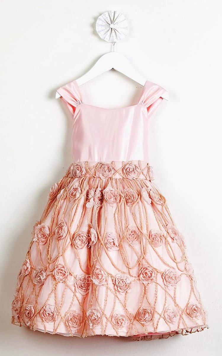 Midi Sweetheart Tiered Embroideried Empire Satin Flower Girl Dress