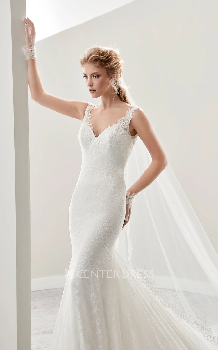 V-neck Cap sleeve Sheath Wedding Gown with Open Back and Illusive Lace Straps