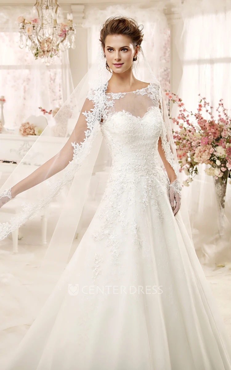 Jewel-neck A-line Wedding Dress with Illusive Design and Keyhole Back