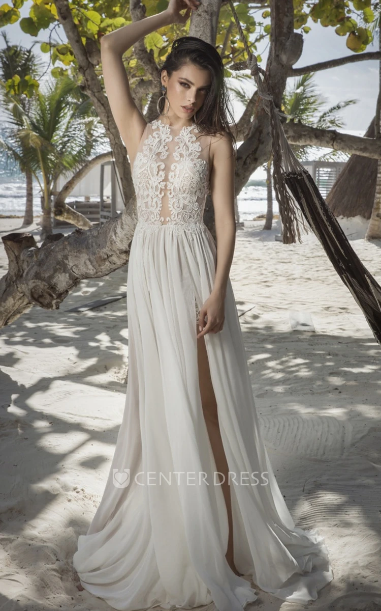Bohemian A-Line Halter Sweep Train Tulle Wedding Dress with Split Front