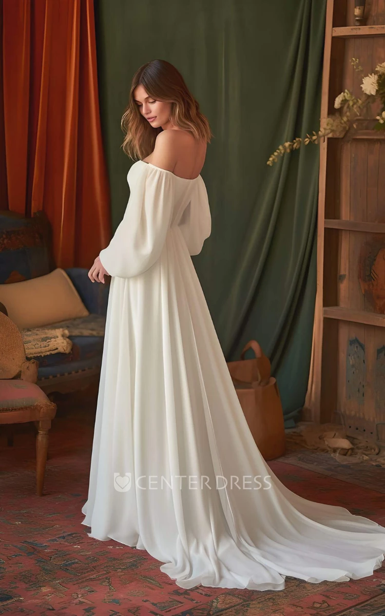 Elegant A-Line Chiffon Wedding Dress with Ruching Off-the-shoulder Country Garden Beach