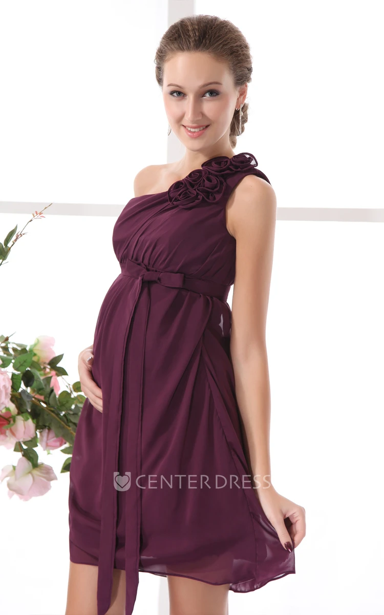 Empire Chiffon One Shoulder Short Bridesmaid Dress With Flower And Ruching