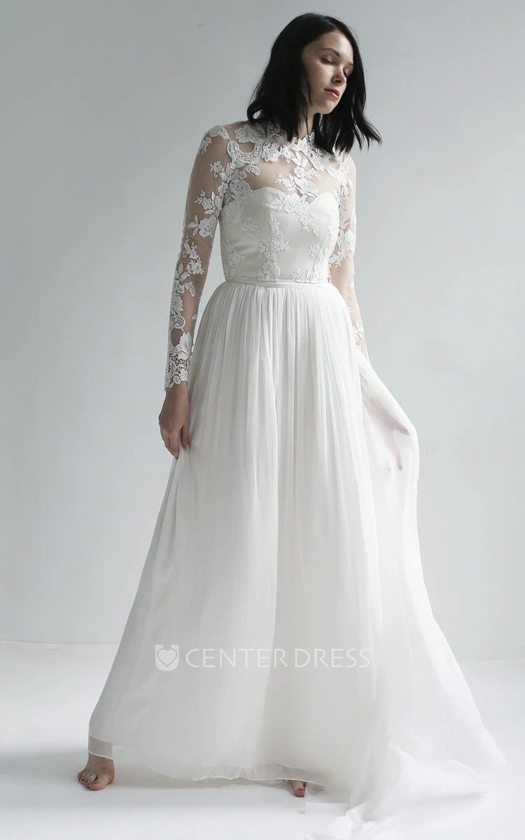 Long Sleeve Illusion Lace And Chiffon High Neck Wedding Gown