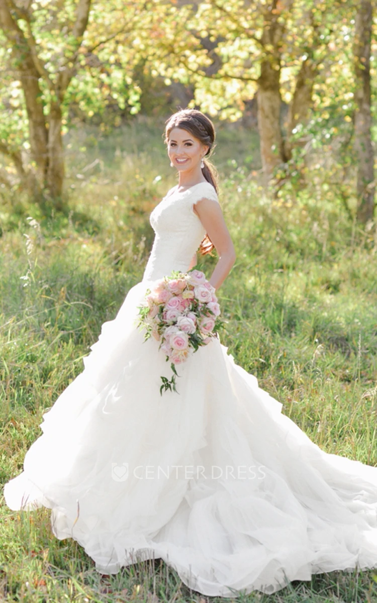 A Line Queen Anne Organza Lace Zipper Wedding Gown