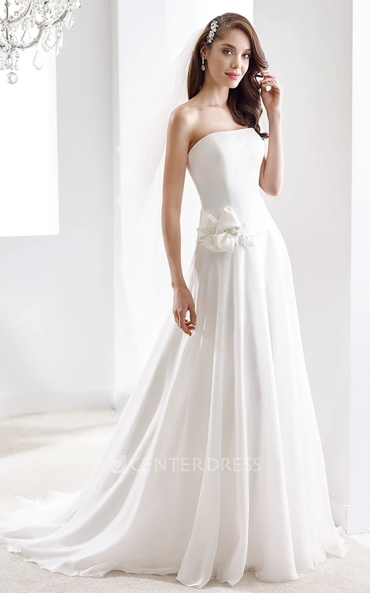 Strapless Draping Gown with Flowers on One side of Waist 